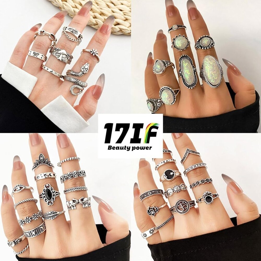 Vintage Silver Knuckle Rings Set For Women Men, Chunky Rings Aesthetic Snake Gru View 4